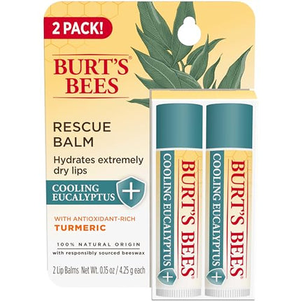 Burt's Bees Rescue Balm Cooling Eucalyptus Lip Balm, With Antioxidant-Rich Turmeric, Tint-Free, Natural Origin Lip Care, 2 Tubes, 0.15 oz.