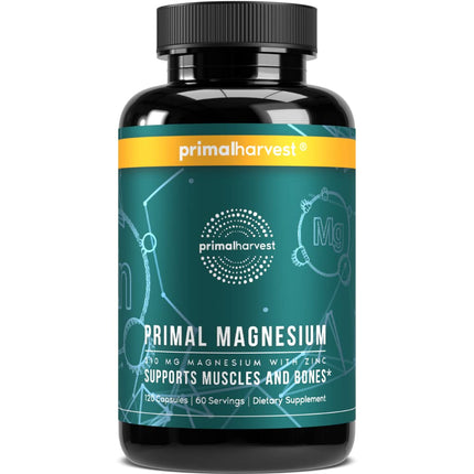Buy Magnesium Supplement Complex 310mg by Primal Harvest with Magnesium Glycinate, Citrate, Malate, and Zinc 120 Capsules in India