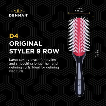 Denman Curly Hair Brush D4 (Black & Red) 9 Row Styling Brush for Styling, Smoothing Longer Hair and Defining Curls - For Women and Men