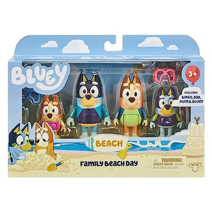 Bluey Figure 4-Pack, Family Beach Day 2.5-3 Inch, Bingo, Bandit and Chilli Character Figures with Accessories