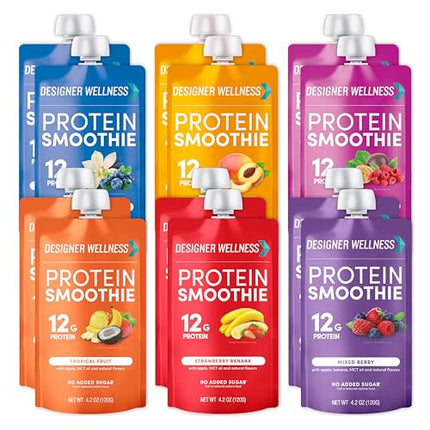 Designer Wellness Protein Smoothie, Real Fruit, 12g Protein, Low Carb, Zero Added Sugar, Gluten-Free, Non-GMO, No Artificial Colors or Flavors, Mix Variety, 12 Count