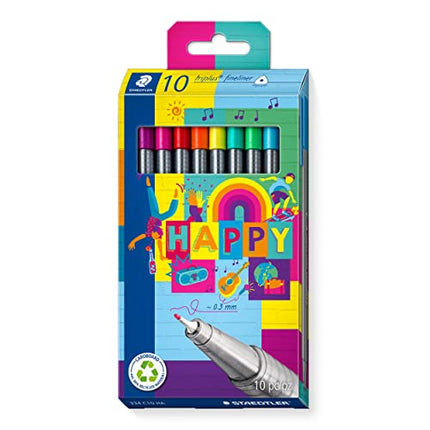 Staedtler - Triplus Fineliner 334 Cardboard Case for 10 Felt-Tip Pens 0.3 mm Assorted Colours - Happy Edition - 334 C10 Ha