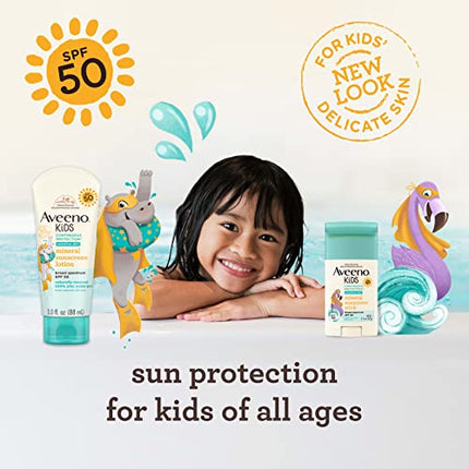 Aveeno Kids Continuous Protection Zinc Oxide Mineral Sunscreen Lotion for Children's Sensitive Skin with Broad Spectrum SPF 50, Tear-Free, Sweat- & Water-Resistant, Non-Greasy, 3 fl. oz