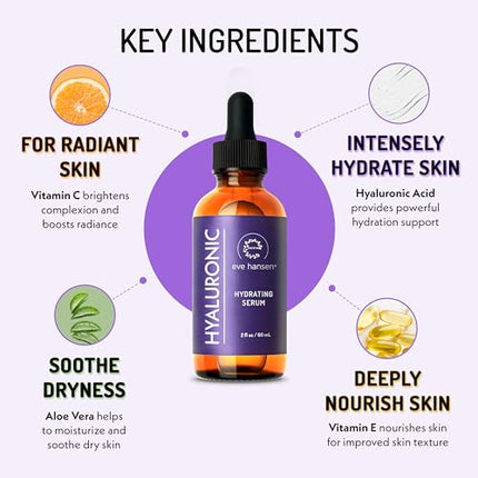 Eve Hansen Hyaluronic Acid Serum for Face (2 oz) | Hydrating Face Serum with Vitamin C + E, Wrinkle Filler, Moisturizer, and Natural Plumper | Cruelty Free, Vegan Anti Aging Serum