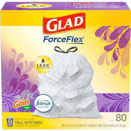 Glad ForceFlex Tall Kitchen Drawstring Trash Bags, 13 Gallon Trash Bag, Gain Lavender with Febreze Freshness, 80 Count