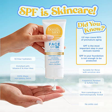 Bondi Sands Fragrance Free Daily Sunscreen Face Lotion SPF 50 | Hydrating UVA + UVB Protection, Non-Greasy, Gentle, Water Resistant | 2.53 Oz/75 mL