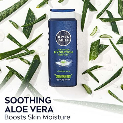 NIVEA MEN Maximum Hydration Body Wash, Aloe Vera Body Wash for Dry Skin, 16.9 Fl Oz (Pack of 3)
