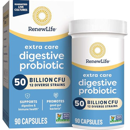 Renew Life Extra Care Digestive Probiotic Capsules, 50 Billion CFU Guaranteed, Daily Supplement Supports Immune, Digestive and Respiratory Health, L. Rhamnosus GG, Dairy, Soy and gluten-free, 90 Count