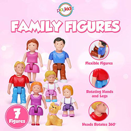 Playkidz Family Figures - Set of 7 Small Toy People for Dollhouse Play, Includes Parents, Sibling, and Pet - Doll House Accessories for Children