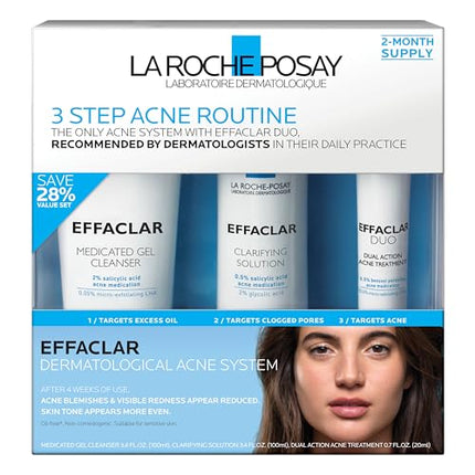 La Roche-Posay Effaclar Dermatological 3 Step Acne Treatment System, Salicylic Acid Acne Cleanser, Pore Refining Toner, and Benzoyl Peroxide Spot Treatment for Sensitive Skin, 2-Month Supply