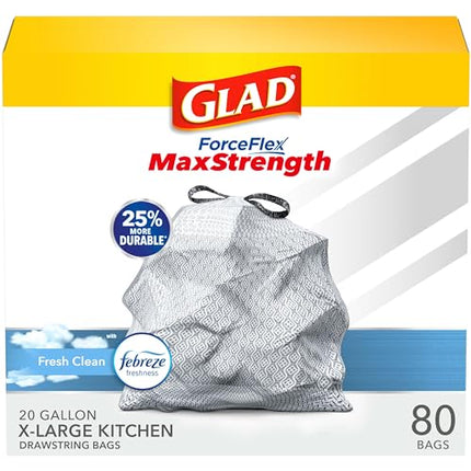 Glad ForceFlex MaxStrength X-Large Kitchen Drawstring Trash Bags, 20 Gallon, Fresh Clean Scent with Febreze Freshness, 80 Count