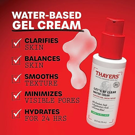 THAYERS Let's Be Clear Water Face Cream, Moisturizer with Azelaic Acid and Hyaluronic Acid, Skin Care for Combination to Oily Skin, 2.5 Oz