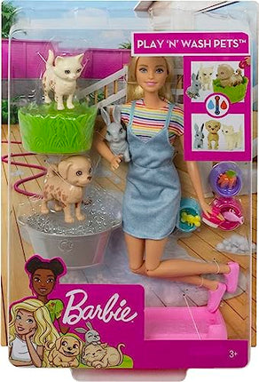 Barbie Play 'n Wash Pets Doll & Playset with 3 Color-Change Animals & 10 Accessories, Blonde Doll with Blue Eyes
