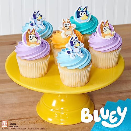 DecoPac Bluey So Much Fun Rings, 24 Cupcake Decorations Featuring Bluey, Bingo, Bandit, and Chilli, 3D Food Safe Cake Toppers – 24 Pack