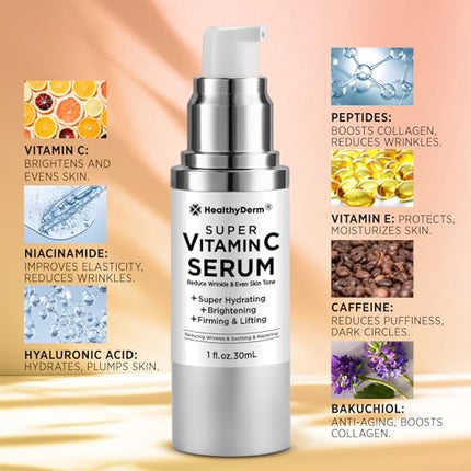 Super Vitamin C Serum for Women Over 70: Niacinamide, Vitamin C, Hyaluronic Acid, Peptides, Vitamin E, Caffeine, Bakuchiol, Hydrating, Lifting, Face Wrinkle & Age Spots Reduction
