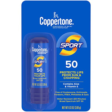 Coppertone SPORT Sunscreen Lip Balm, SPF 50 Sunscreen for Lips, Water Resistant Lip Sunscreen SPF 50, Skin Protectant, 0.13 Oz Tube