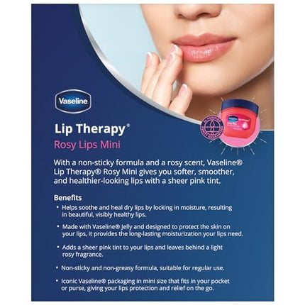 Vaseline Lip Therapy Rosy Lips Mini, Pure Petroleum Jelly, Advanced Moisture, Light Rose Fragrance, Sheer Pink Tint on Lips, Mini Vaseline Petroleum Jelly, Soft Vaseline Lips (Pack of 6-0.25 Oz Ea)