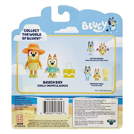 Bluey Figure 2-Packs, Beach Day Play 2.5 Inch Mum and Bingo Figures with Beach Bag Accessory