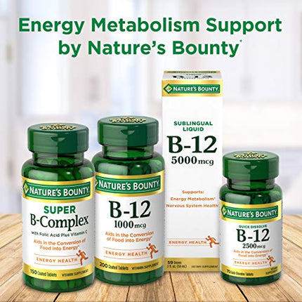 Nature's Bounty Vitamin B12, Supports Energy Metabolism and Nervous System Health, 500mcg, 100 Quick Dissolve Tablets