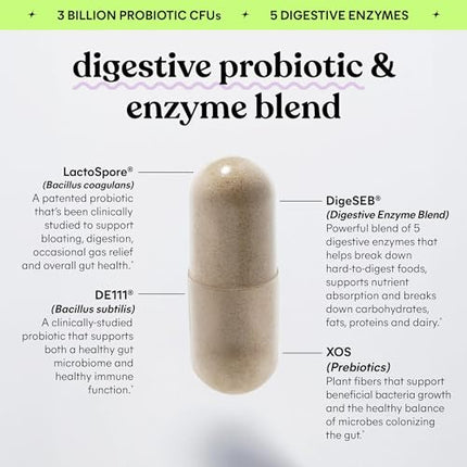Lemme Debloat 3-in-1 Prebiotic, Probiotic & Digestive Enzymes for Bloating and Gas Relief - 2 Clinically Studied Probiotics w/ 5 Digestive Enzymes to Improve Digestion for Women & Men, Vegan, 60 ct