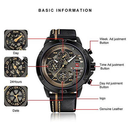 NAVIFORCE Sport Military Watches for Men Waterproof Watch Analog Quartz Leather Band Date Calendar Clock Wristwatch
