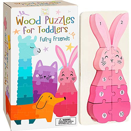 Hapinest Wooden Jigsaw Puzzles (4-Pack) for Toddlers Kids Boys and Girls Ages 3-5 Years Old, Furry Friends | 4-10 Piece Puzzles and Storage Bag