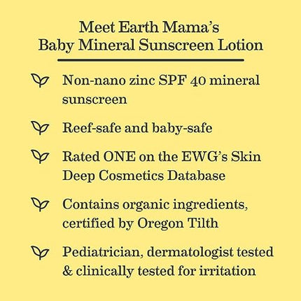 Earth Mama Baby Mineral Sunscreen Lotion SPF 40 | Reef Safe, Non-Nano Zinc, Natural Water Resistant Sun Cream for Babies, Kids & Adults, 3-Ounce