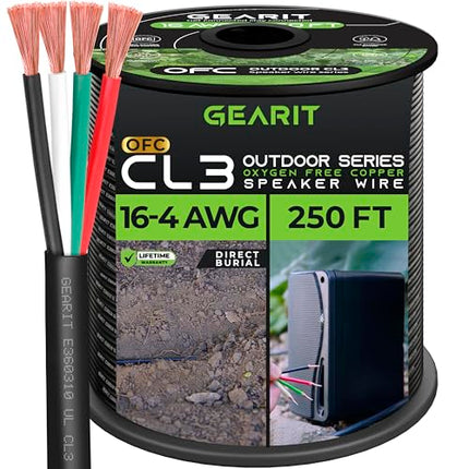 buy GearIT 16/4 Speaker Wire (250 Feet) 16AWG Gauge, Black 4-Conductors/Outdoor Direct Burial in Ground/in Wall/CL3 CL2 Rated - OFC Oxygen-Free Copper, Black 250ft. in India