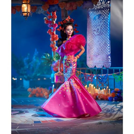 Barbie Signature Doll, 2023 Dia de Muertos Collectible Wearing Ruffled Pink Gown, Holding Tiny Ofrenda, Doll Stand