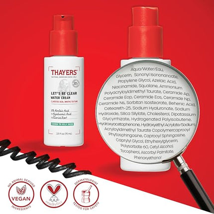 THAYERS Let's Be Clear Water Face Cream, Moisturizer with Azelaic Acid and Hyaluronic Acid, Skin Care for Combination to Oily Skin, 2.5 Oz