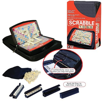 Winning Moves Games Scrabble to Go USA, a Travel Version of The World's Favorite Word Game, for 2 to 4 Players, Ages 8+ (1202), Black,red