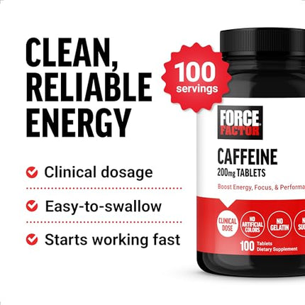 Force Factor Caffeine Pills 200mg, Caffeine Tablets to Boost Energy, Focus, Strength, and Performance, Premium Quality Caffeine Pills and Energy Supplement, 100 Tablets