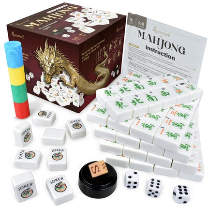 Queensell American Mahjong Set, 152 Tiles, 3 Dice, 80 Scoring Chips, 1 Wind Indicator - Mahjong Game Full Set