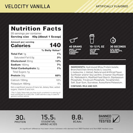 Optimum Nutrition Platinum Hydrowhey Protein Powder, 100% Hydrolyzed Whey Protein Isolate Powder, Flavor: Velocity Vanilla, 20 Servings, 1.76 Pounds (Packaging May Vary)