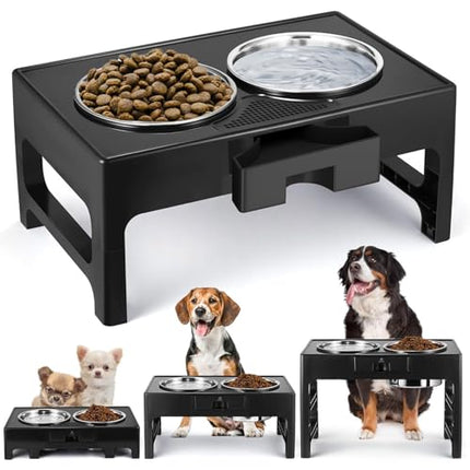 EasyCom Raised Dog Bowls, 3 Height Adjustable Elevated Dog Bowl Stand with Anti-Slip Design, 2 Stainless Steel Dog Food Bowls, Dog Feeder for Medium Large Dogs, 3 Heights 3.9”, 7.8”, 11.8”, Black