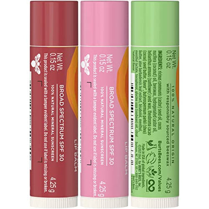 Burt's Bees SPF 30 Tinted Lip Balm Mothers Day Gifts for Mom, After Sun Care Lip Balm, Water-Resistant Lip Moisturizer, Wild Peony, Sienna Rose, Natural Origin Lip Care, 3 Tubes, 0.15 oz.