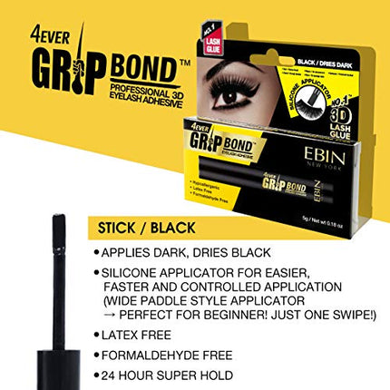 EBIN NEW YORK Grip Bond Eyelash Adhesive (Paddle Type, Black/Dries Dark, 0.18 oz) | Hypoallergenic Latex Free Formaldehyde Free Lasts All Day Ideal for Sensitive Skins