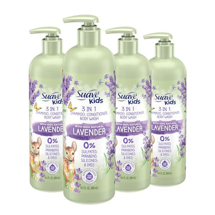Suave Kids Natural Lavender Oil 3-in-1 Tear Free, Body Wash, Shampoo and Conditioners, No Sulfates, No Parabens, No Silicones, No Dyes, 16.5 Oz Pack of 4