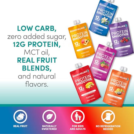 Designer Wellness Protein Smoothie, Real Fruit, 12g Protein, Low Carb, Zero Added Sugar, Gluten-Free, Non-GMO, No Artificial Colors or Flavors, Mix Variety, 12 Count