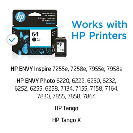 Buy HP 64 Black Ink Cartridge | Works with HP ENVY Inspire 7950e; ENVY Photo 6200, 7100, 7800; Tango in India.