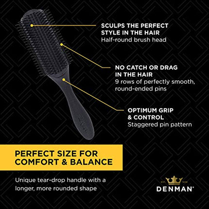 Denman Curly Hair Brush D4 (All Black) 9 Row Styling Brush for Styling, Smoothing Longer Hair and Defining Curls - For Women and Men