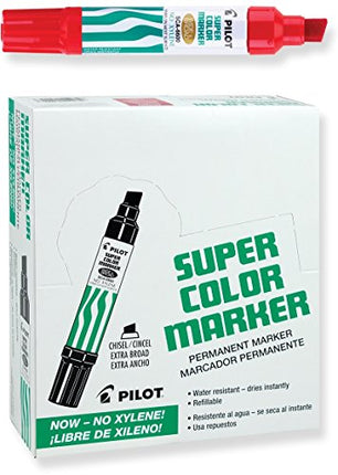 PILOT Super Color Jumbo Refillable Permanent Markers, Xylene-Free Red Ink, Extra-Wide Chisel Point, 12-Pack (45300)