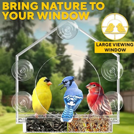 Premium Window Bird Feeder for Outside - Clear Bird House w/Largest Window for Viewing Birds - Easy to Install & Sturdy Feeder w/Extra Strong Suction Cups - Perfect for Kids, Adults and Cats