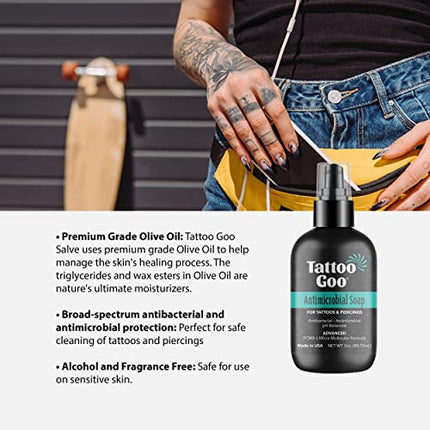 Tattoo Goo Aftercare Kit Includes Antimicrobial Soap, Balm, and Lotion, Tattoo Care for Color Enhancement + Quick Healing - Vegan, Cruelty-Free, Petroleum-Free (3 Piece Set)