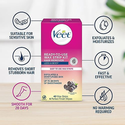 Veet Ready-To-Use Waxing Kit For Women | Wax Strips For Body Hair Removal, Wax Kit For Ingrown Hair Treatment, Personal Care Product, Hair Remover | 40ct Waxing Strips, 4ct Body Wipes