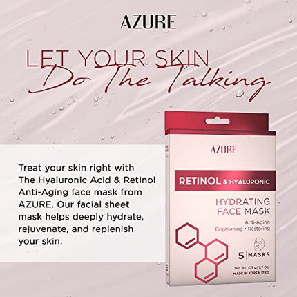 AZURE Retinol & Hyaluronic Acid Anti Aging Facial Sheet Mask - Rejuvenating & Hydrating Face Mask - Helps Reduce Fine Lines & Wrinkles, Smooths & Repairs - Skin Care Made in Korea - 5 Pack