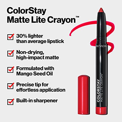 Revlon ColorStay Matte Lite Crayon Lipstick with Built-in Sharpener, Smudge-proof, Water-Resistant Non-Drying Lipcolor, 001 Tread Lightly, 0.049 oz