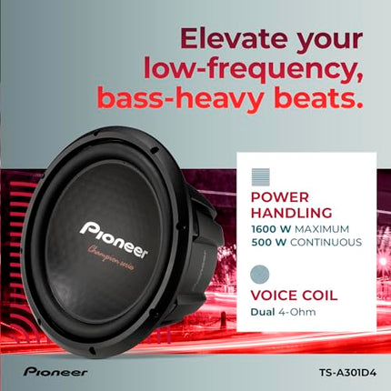 buy PIONEER CAR TSA301D4 12-inch 1600 W Max Power, Dual 4 Ohm Voice Coil for Powerful Bass Champion Series - Component Subwoofer in india