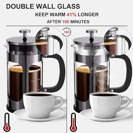 Veken French Press Plunger Coffee Maker Cafetière, Double Wall Heat Resistant Borosilicate Glass Coffee Press,Cold Brew Coffee Pot for Kitchen and Gifts, Dishwasher Safe, Dark Pewter (27 Ounce/800 ml)