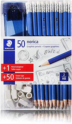 Staedtler norica HB #2 Graphite Pencils 50 Blue Pencils 50 Arrow Tip Erasers and 1 Elite Sharpener